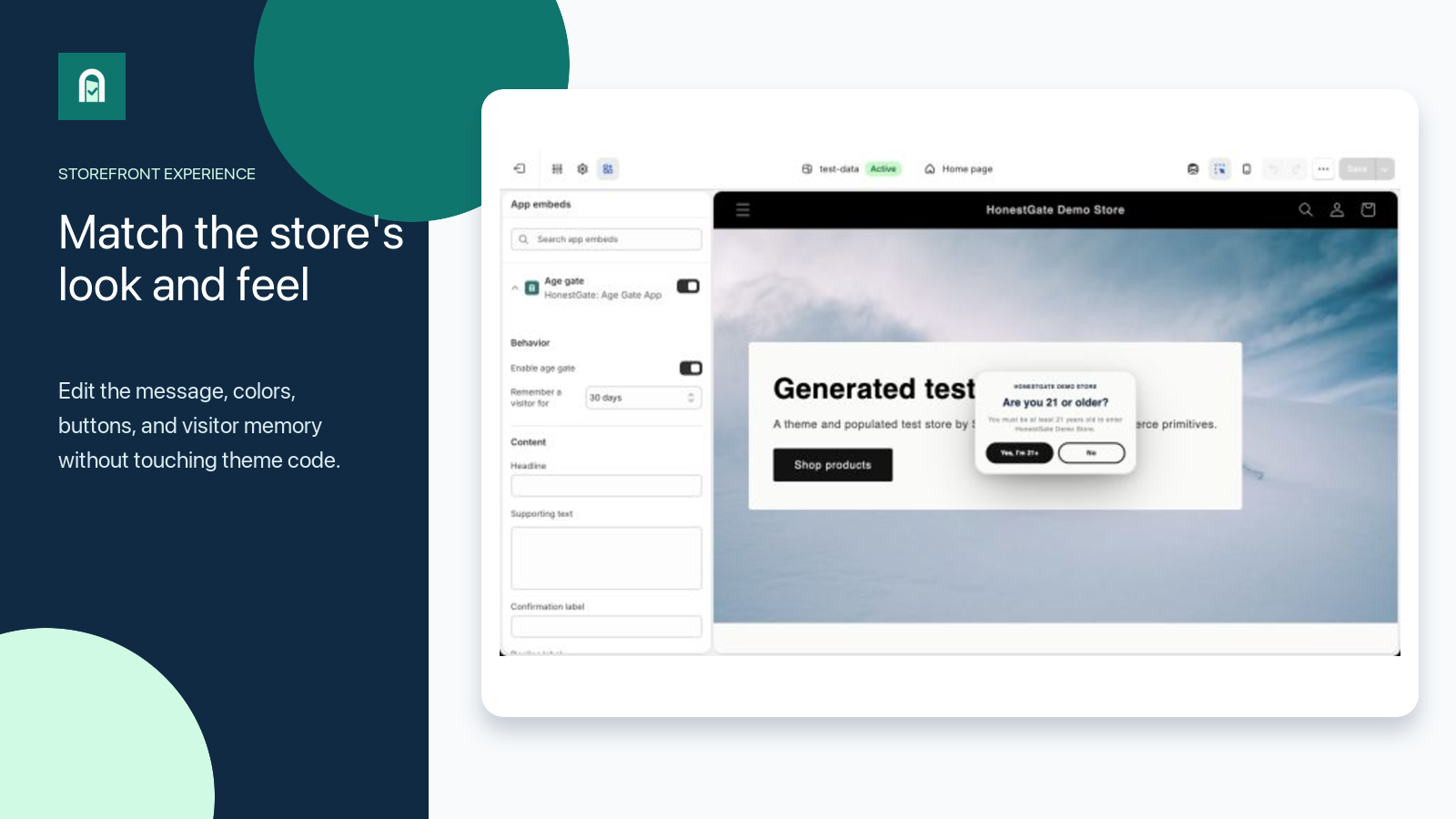 Theme controls beside a live storefront age prompt.